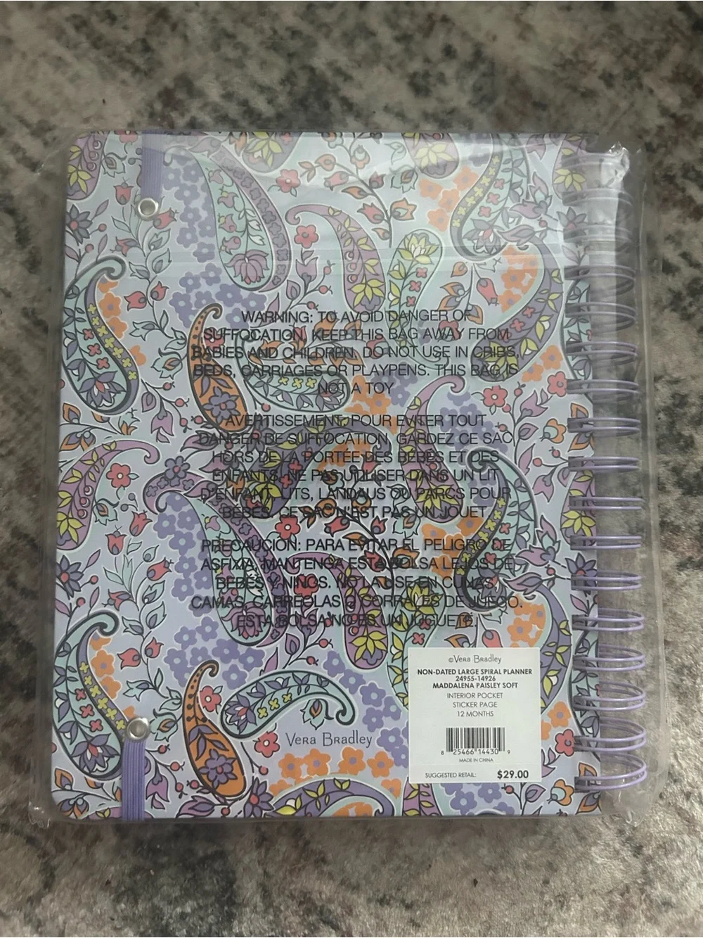 NWT Vera Bradley Purple Maddalena Paisley Soft Non-Dated Large Spiral Planner